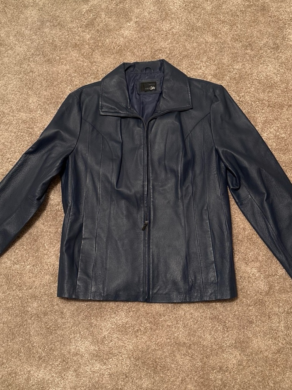 Men's Navy Leather Zip-Front Jacket